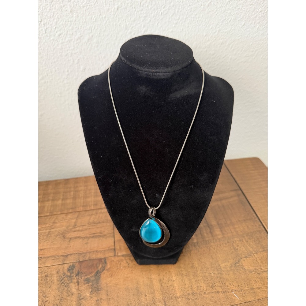 Turquoise Blue Teardrop Pendant Necklace Silver Tone Snake Chain Modernist Style